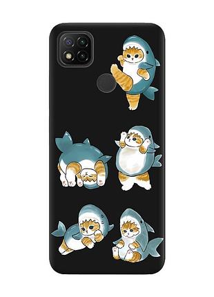 Матовый черный чехол на xiaomi redmi 9c/10a :: котенки акулы (принт 381)