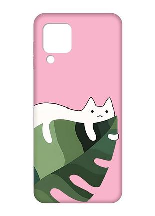Матовый розовый чехол на samsung galaxy m32/a22/m22 4g :: кот на листе (принт 367)