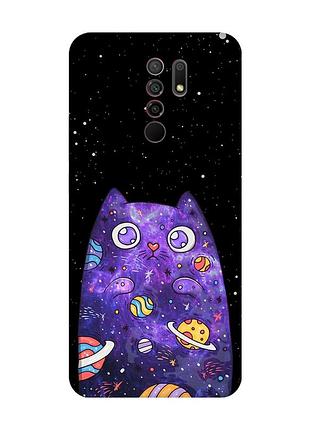 Матовий чохол з червоними боками на xiaomi redmi 9 :: фіолетова кішка (принт 361)