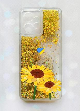Чохол з плаваючими блискітками на xiaomi redmi note 12 4g золотий :: жовті квіти (патріотичний принт 364)
