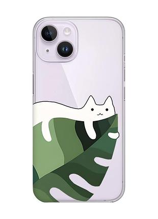 Прозорий чохол із захистом камери на iphone 14 :: кіт на листку (принт 367)