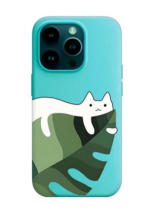 Матовий бірюзовий чохол на apple iphone 14 pro :: кіт на листку (принт 367)