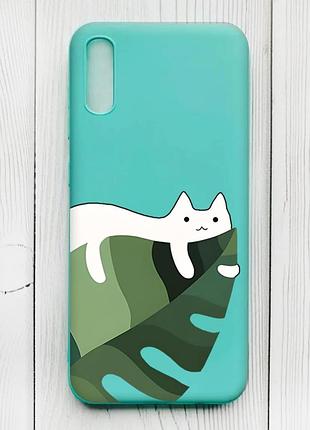 Матовий бірюзовий чохол на xiaomi redmi 9а :: кіт на листку (принт 367)