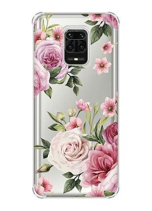 Чехол с утолщёнными углами на xiaomi redmi note 9 pro/ 9s/ 9 pro max :: розовые цветы (принт 287)