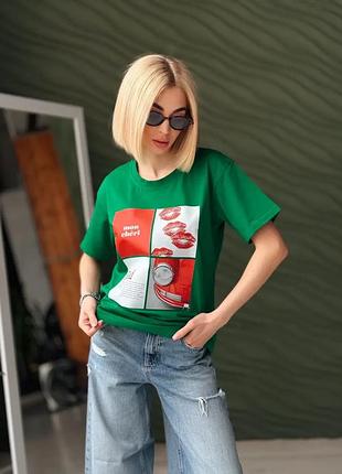 Футболка с ярким принтом 54-56. зеленый