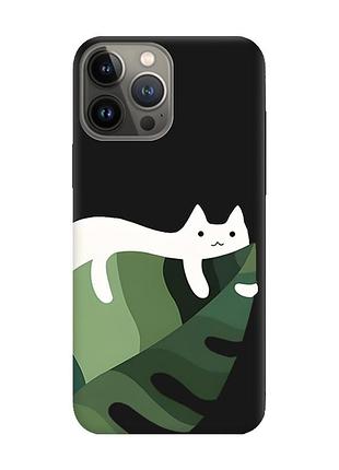 Матовий чорний чохол на apple iphone 13 pro кіт на листку (принт 367)