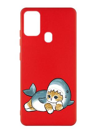 Матовый красный чехол на samsung galaxy m30s/m21 :: котенок акула (принт 355)