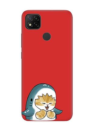 Матовый красный чехол на xiaomi redmi 9c/10a :: котёнок акула (принт 376)