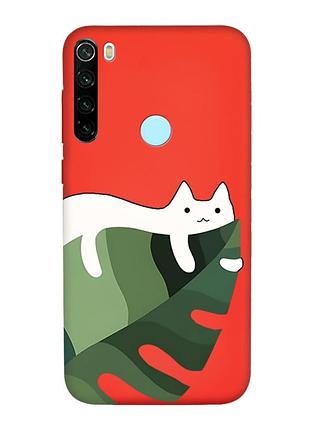 Матовый красный чехол на xiaomi redmi note 8t :: кот на листе (принт 367)
