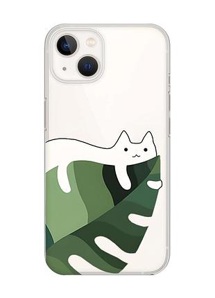 Прозрачный чехол с защитой камеры на iphone 14 plus :: кот на листе (принт 367)