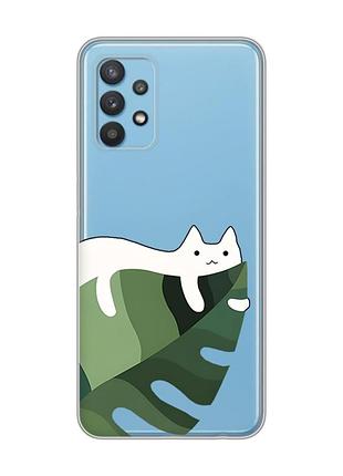 Прозорий чохол на samsung galaxy a32 :: кіт на листку (принт 367)