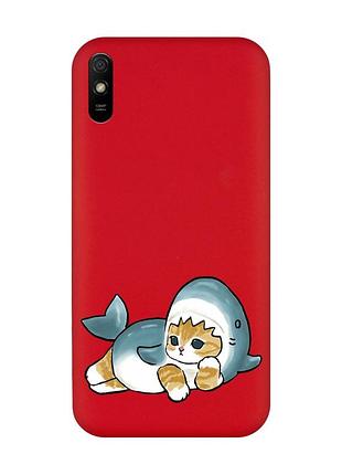 Матовый красный чехол на xiaomi redmi 9a :: котенок акула (принт 355)