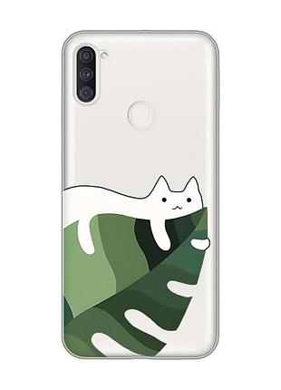 Прозрачный чехол на samsung galaxy a11 :: кот на листе (принт 367)