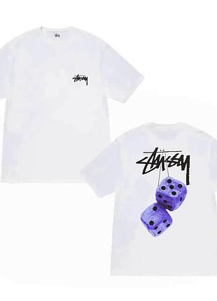 Біла футболка loys stussy fuzzy dice logo унісекс футболки стасі стуссі кубики фіолетові xs