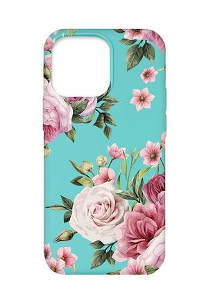Матовый бирюзовый чехол на apple iphone 13 pro :: розовые цветы (принт 287)