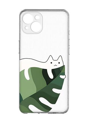 Прозорий чохол із захистом камер на iphone 15 plus :: кіт на листку (принт 367)