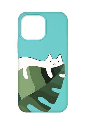 Матовый бирюзовый чехол на apple iphone 13 pro :: кот на листе (принт 367)