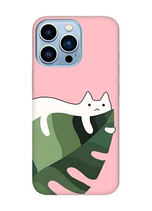 Матовый розовый чехол на apple iphone 13 pro max :: кот на листе (принт 367)
