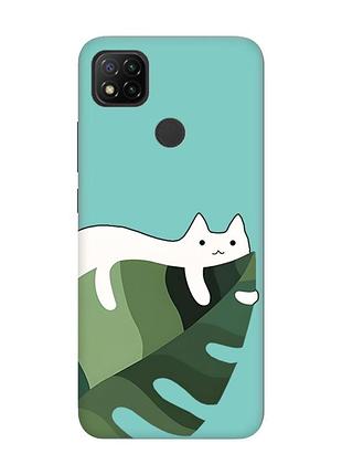Матовый бирюзовый чехол на xiaomi redmi 9c/10a :: кот на листе (принт 367)