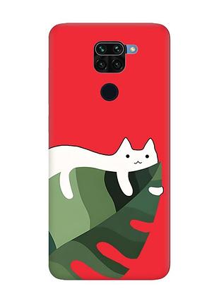 Матовый красный чехол на xiaomi redmi note 9 / 10x :: кот на листе (принт 367)