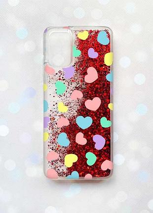 Чехол с плавающими блестками на samsung galaxy a02s красный :: разноцветные сердечка (принт 335)