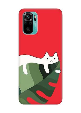 Матовый красный чехол на xiaomi redmi note 10 / note 10s :: кот на листе (принт 367)