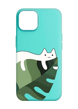 Матовий бірюзовий чохол на apple iphone 14 :: кіт на листку (принт 367)