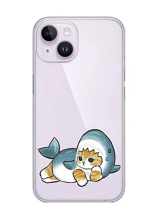 Прозрачный чехол с защитой камеры на iphone 14 :: котенок акула (принт 355)