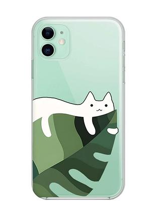 Прозрачный чехол на apple iphone 11 (6,1) :: кот на листе (принт 367)