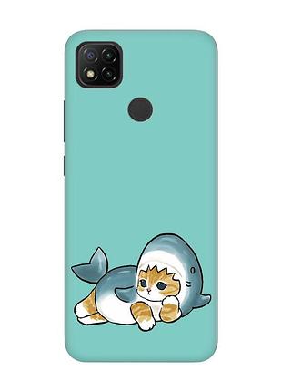 Матовый бирюзовый чехол на xiaomi redmi 9c/10a :: котенок акула (принт 355)