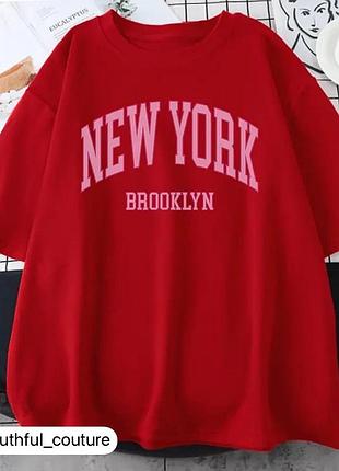 Женская стильная футболка loys оверсайз new york brooklyn красный xl