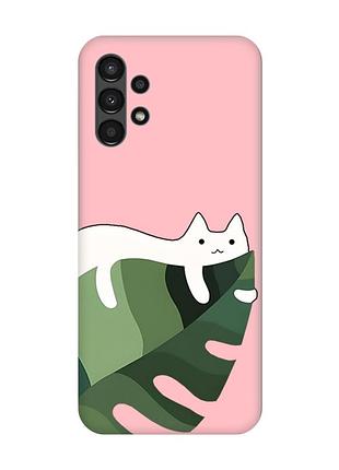Матовий рожевий чохол на samsung a13 4g :: кіт на листку (принт 367)