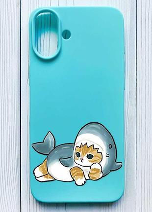 Матовий бірюзовий чохол на iphone 16 plus котик акула (принт 355)