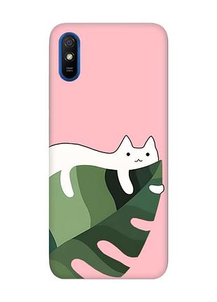 Матовый розовый чехол на xiaomi redmi 9a :: кот на листе (принт 367)