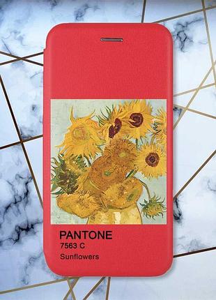 Чехол-книжка красный с рисунком на xiaomi redmi note 14 4g подсолнухи (принт 81)