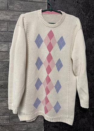 Вінтажний бавовняний светр в ромби argyle / пастельний пуловер оверсайз 100% cotton
