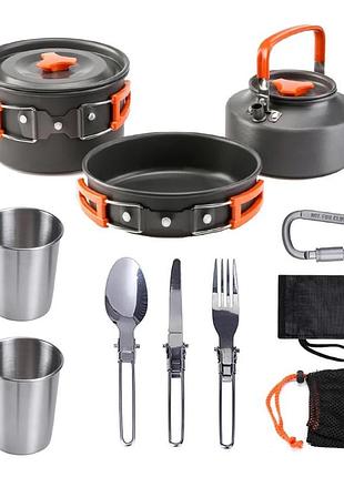 Набір туристичного посуду camping cooking зі столовими приладами 10 в 1 / набір посуду для походу, пікніка та риболовлі