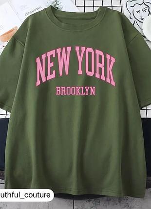 Жіноча стильна футболка loys оверсайз new york brooklyn оливковий xxl