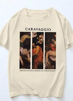 Женский оверсайз футболка loys с принтом caravaggio бежевой xl