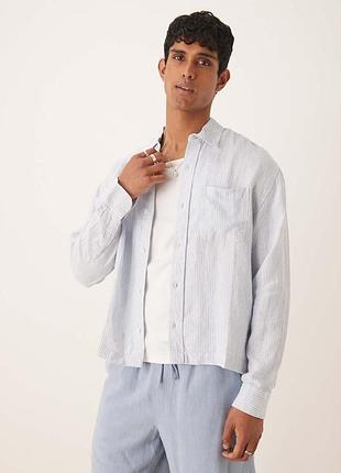 Укороченная голубая рубашка в полоску из 100%льна от abercrombie &amp; fitch