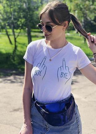 Футболка біла жіноча. з написом boy bye. середній палець m, сірий