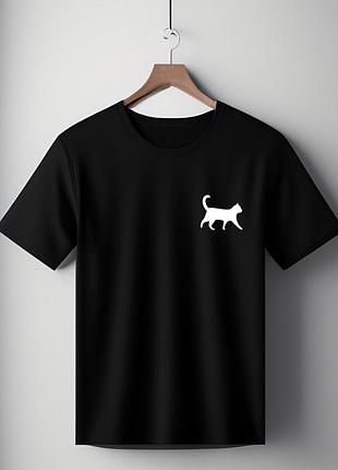Футболка черная оверсайз унисекс c принтом " walking cat, котик " розмір s-m s