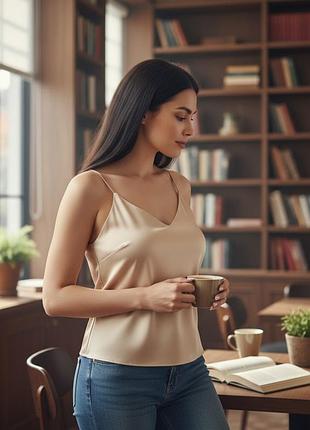 Шовкова майка на тонких бретельках бежевий xl/2xl