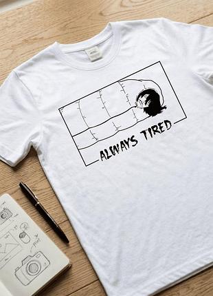 Чоловіча футболка біла з аніме принтом розмір m «always tired» футболка унісекс, футболка для підлітків та чоловіків