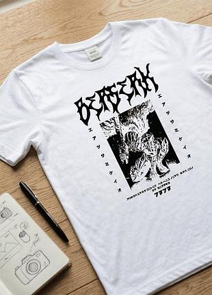 Мужская футболка белая с аниме принтом размер xl «berserk (guts, skull knight)» — стильная футболка унисекс, молодежная streetwear