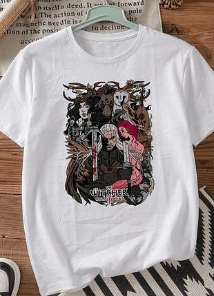 Чоловіча футболка розмір xl «the witcher wild hunt» у gaming та fantasy стилі, біла футболка з принтом. чоловічі футболки.