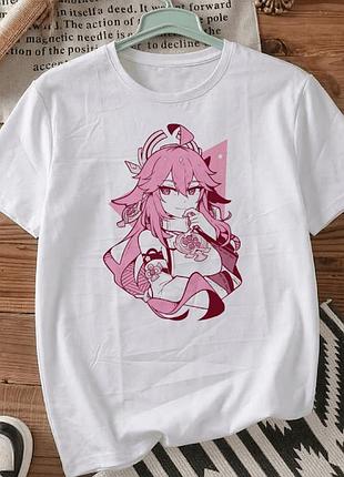 Женская футболка размер xxxl «genshin impact yae miko» в gaming и anime стиле — белая футболка с принтом персонажа игры. футболки.