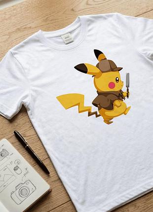 Чоловіча футболка біла з аніме принтом з персонажем pikachu / пікачу «pokemon / покемон» розмір xxxl. аніме футболка.