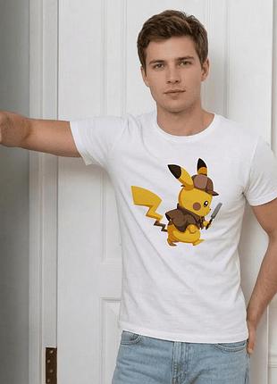 Чоловіча футболка біла з аніме принтом з персонажем pikachu / пікачу «pokemon / покемон» розмір xl. аніме футболка.