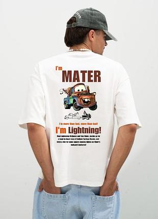 Оверсайз футболка с надписью "i'm mater" и принтом из мультфильма "тачки" sm, белый